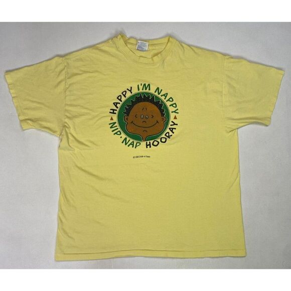 VINTAGE Happy I'm Nappy Nip Nap Hooray 1994 Men XL Yellow USA 90s Single Stitch - Picture 1 of 8